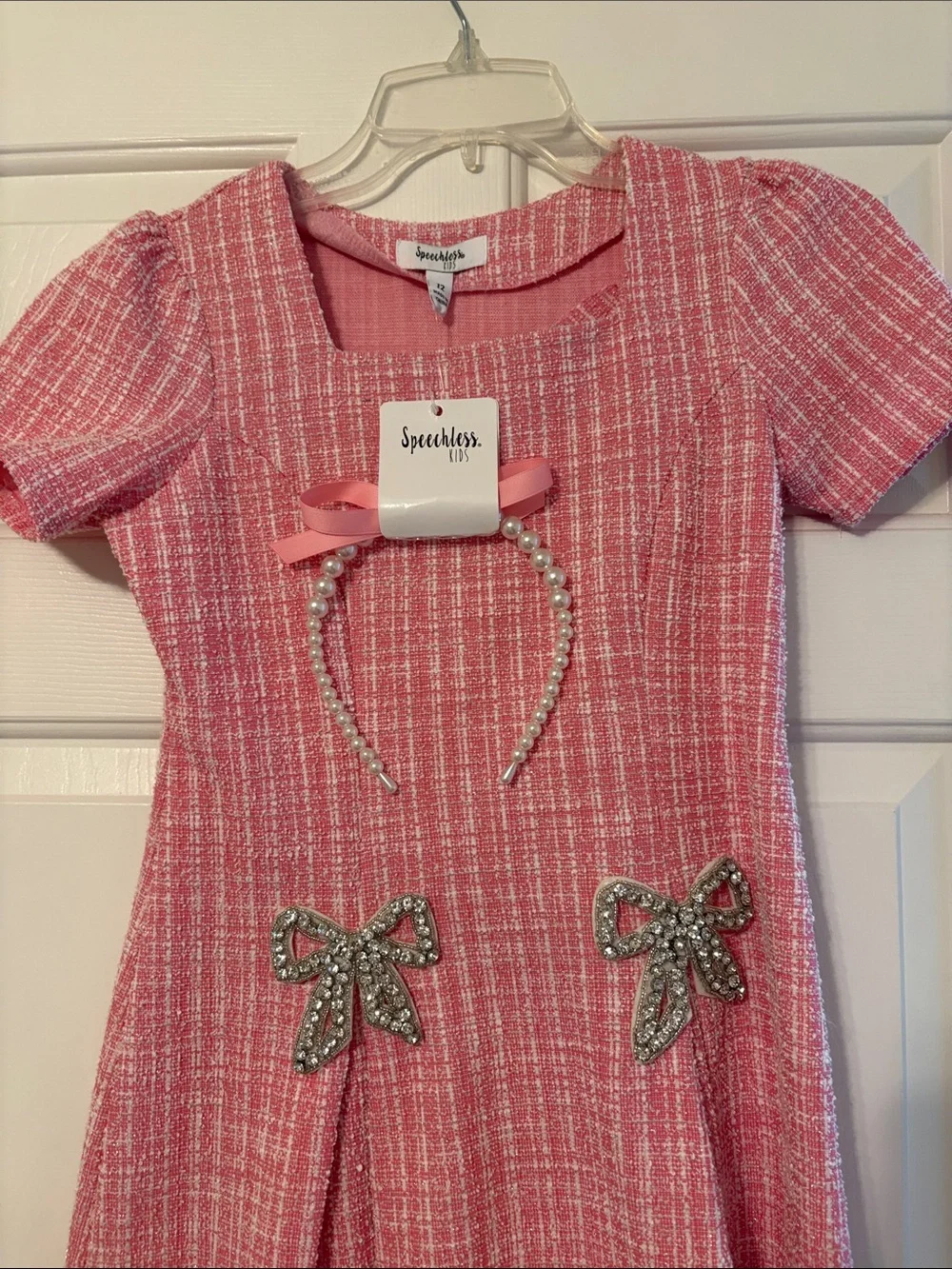 Speechless Pink Tweed A-Line Dress with Crystal Bow Accents